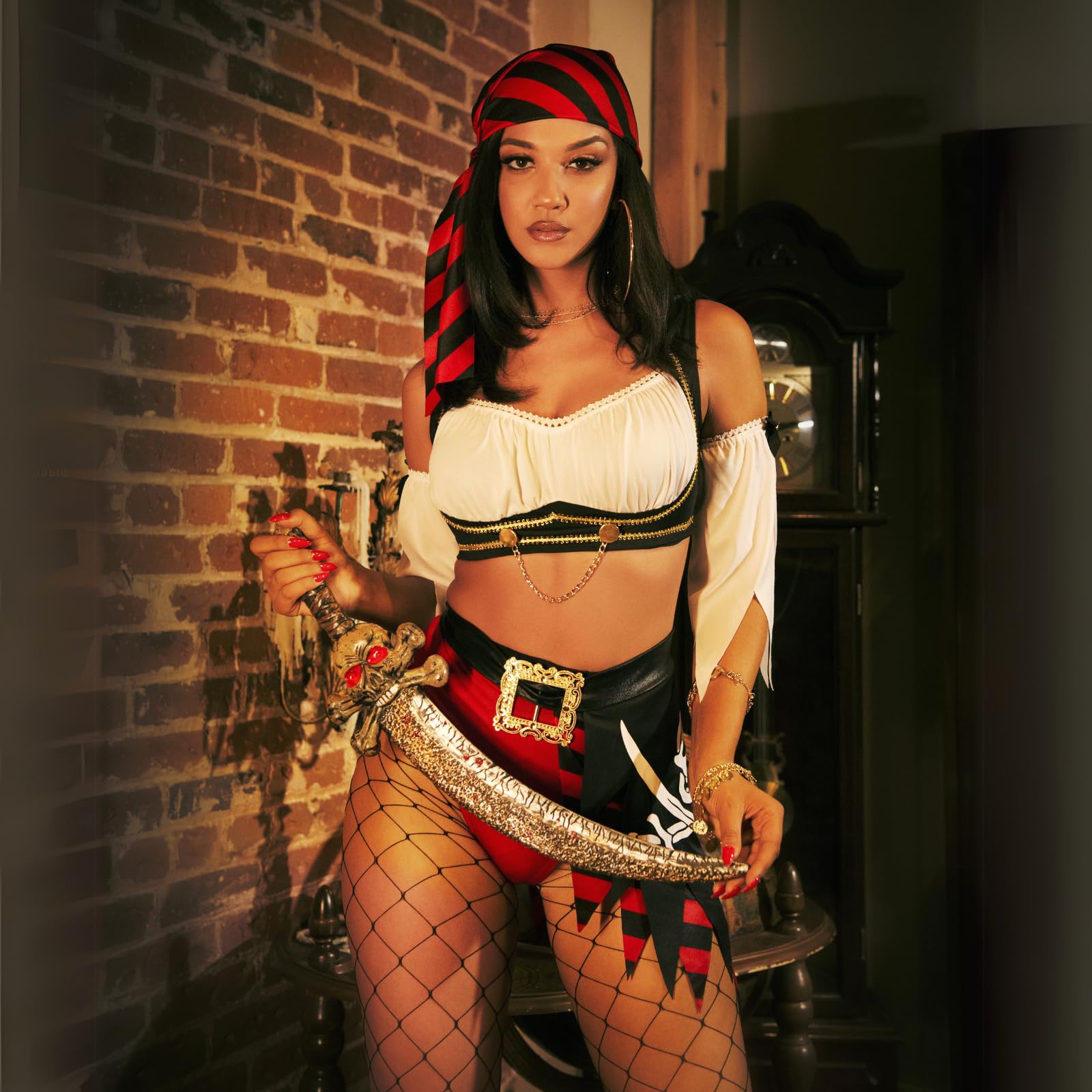 4 PC Wicked Pirate Wench, includes peasant top with chain accent, tattered split sleeves, head scarf, and high waist shorts with