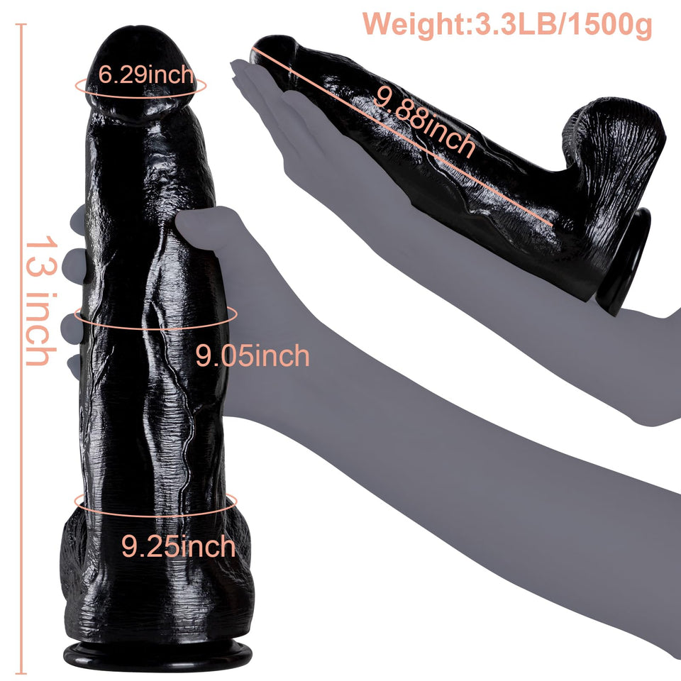 2.83 ' ' Diameter Huge Thick Dildo for G-spot Stimulation Orgasm, 13 inch Big Black Dildo with Strong Suction Cup, Realistic Gia