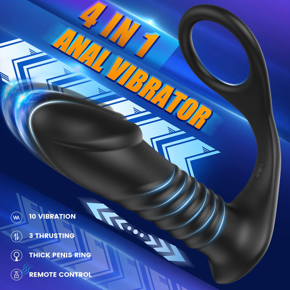 Thrusting Anal Sex Toy Vibrator with Thick Penis Ring, 3 * 10 Vibrating&Telescopic Prostate Massager Anal Vibrators, TIVINO Sili