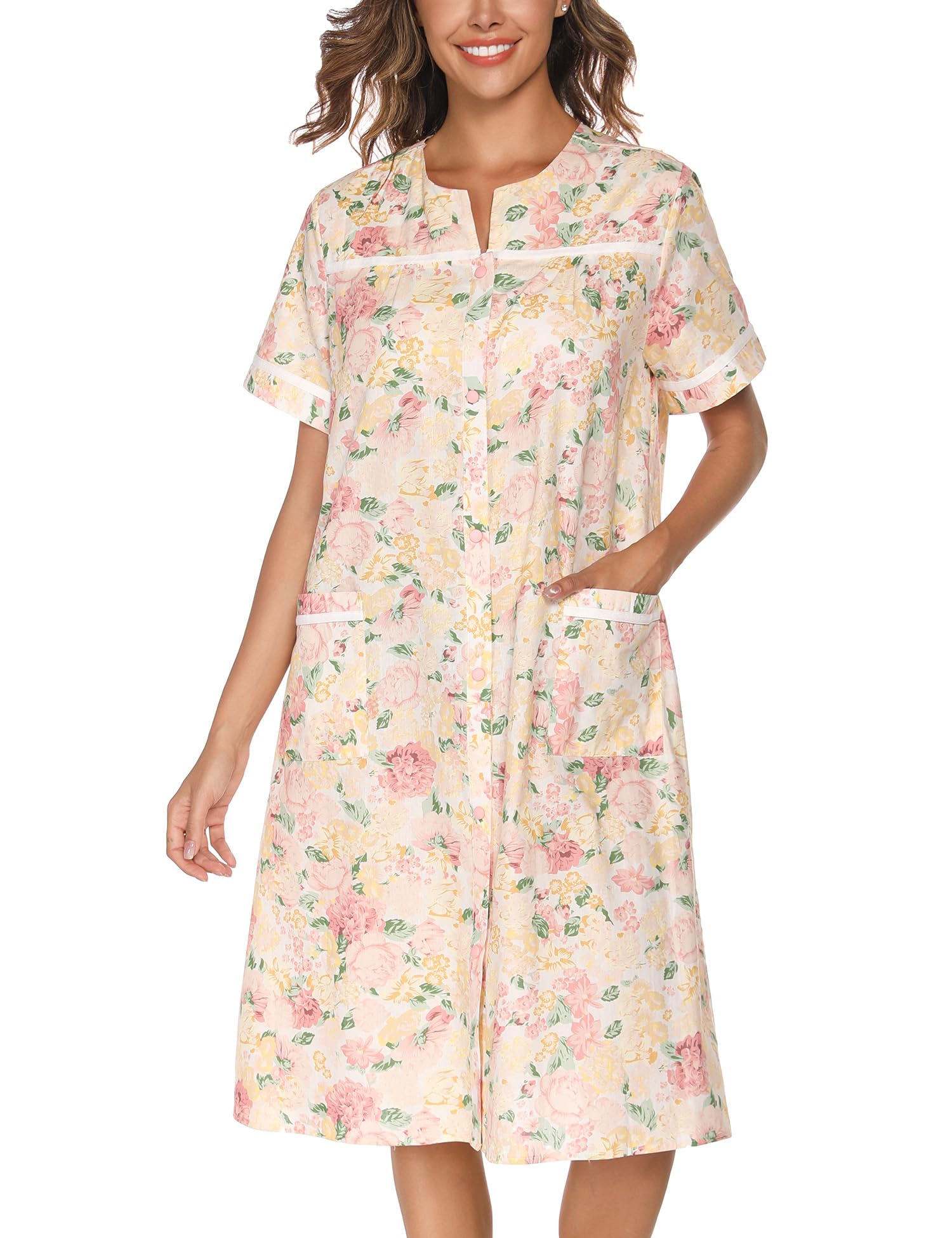 YOZLY House Dress Womens Cotton Housecoat Short Sleeve Duster Robe with Pockets Flower Pink, Large