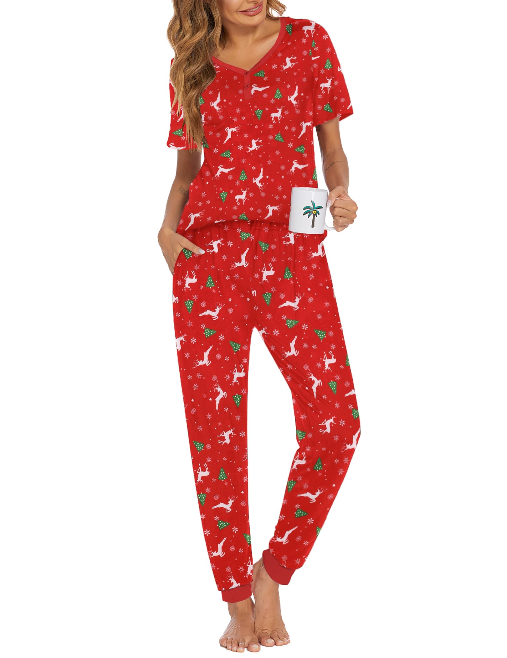 Ekouaer Pajamas for Women Set 2 Piece Lightweight Summer Lounge Sets Short Sleeve Tops Joggers Long Pants Pjs with Pockets Red D