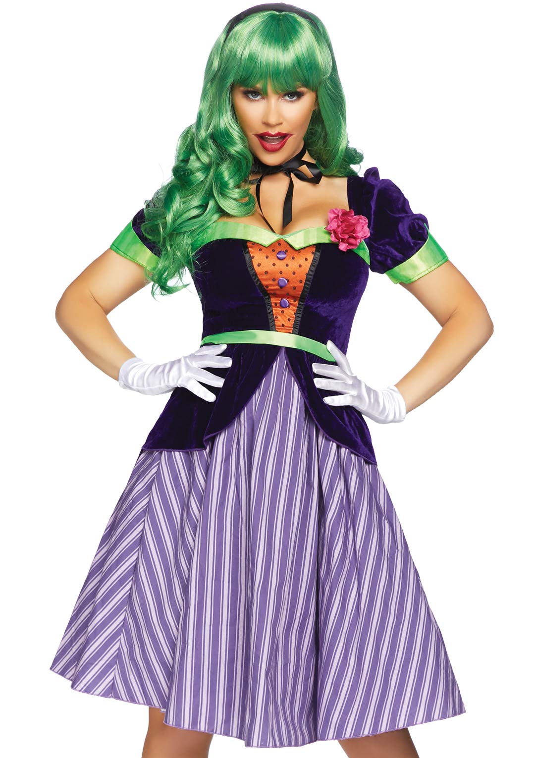 2 Pc Comic Book Baddie, Includes Velvet Coat Dress With Striped Skirt And Lapel Flower, Attached Ribbon Sash, And Ribbon Neck Ti