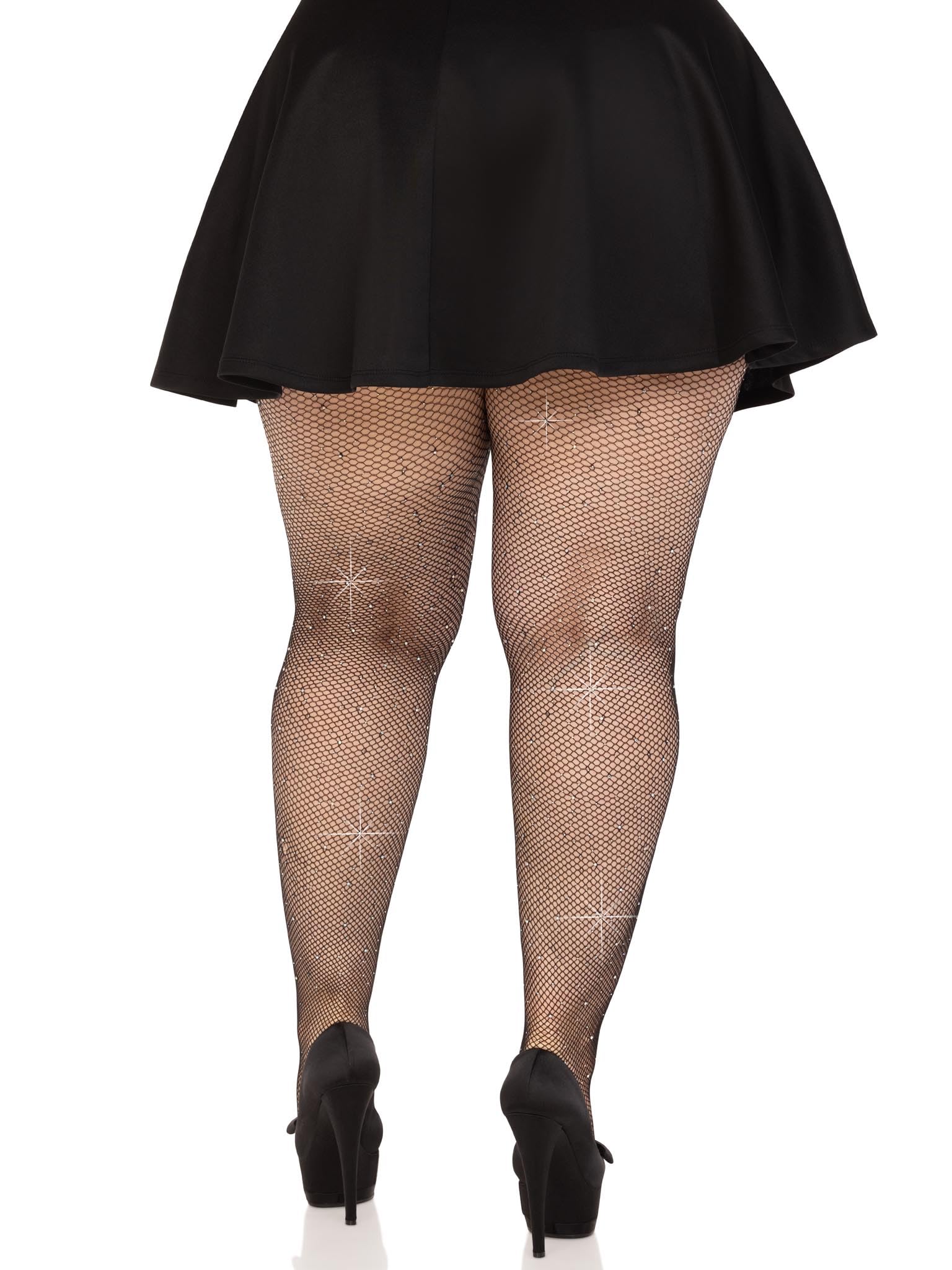 Fishnet crystalized tights with multi sized iridescent rhinestones.