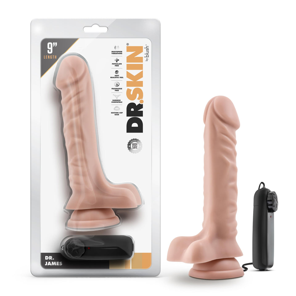 Blush Novelties Dr. Skin - 9.5 Inch Lifelike Realistic Remote Control Vibrating Dildo - 1.75in Thick - Strap On Compatible Sucti