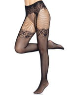 Faux garter belt fishnet tights with lace up backseam.