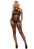 Seamless Industrial Net halter bodystocking with faux lace lingerie detail.