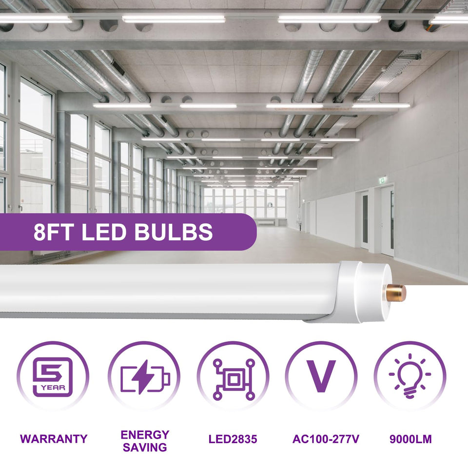 Elekico 8Ft Led Bulbs, Double Row Super Bright 72W 5000K T8 8Ft Led Shop Light Bulbs, 9000Lm Fa8 Single Pin 8 Foot Led Light, 8F