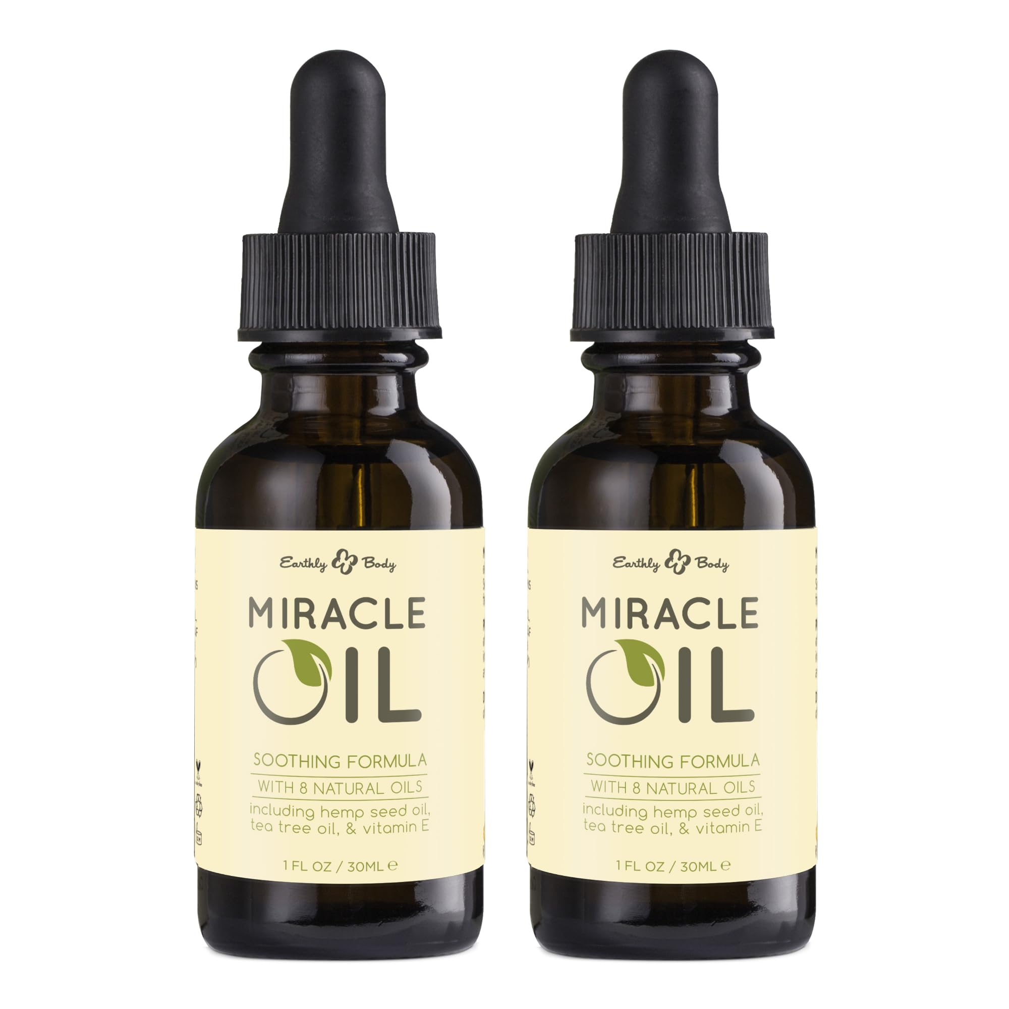 Earthly Body Miracle Oil, 1 fl. oz. - 2 Pack - 100% Natural Tea Tree Oil, Hemp Seed Oil & Vitamin E - Moisturizer, Calms Skin Ir