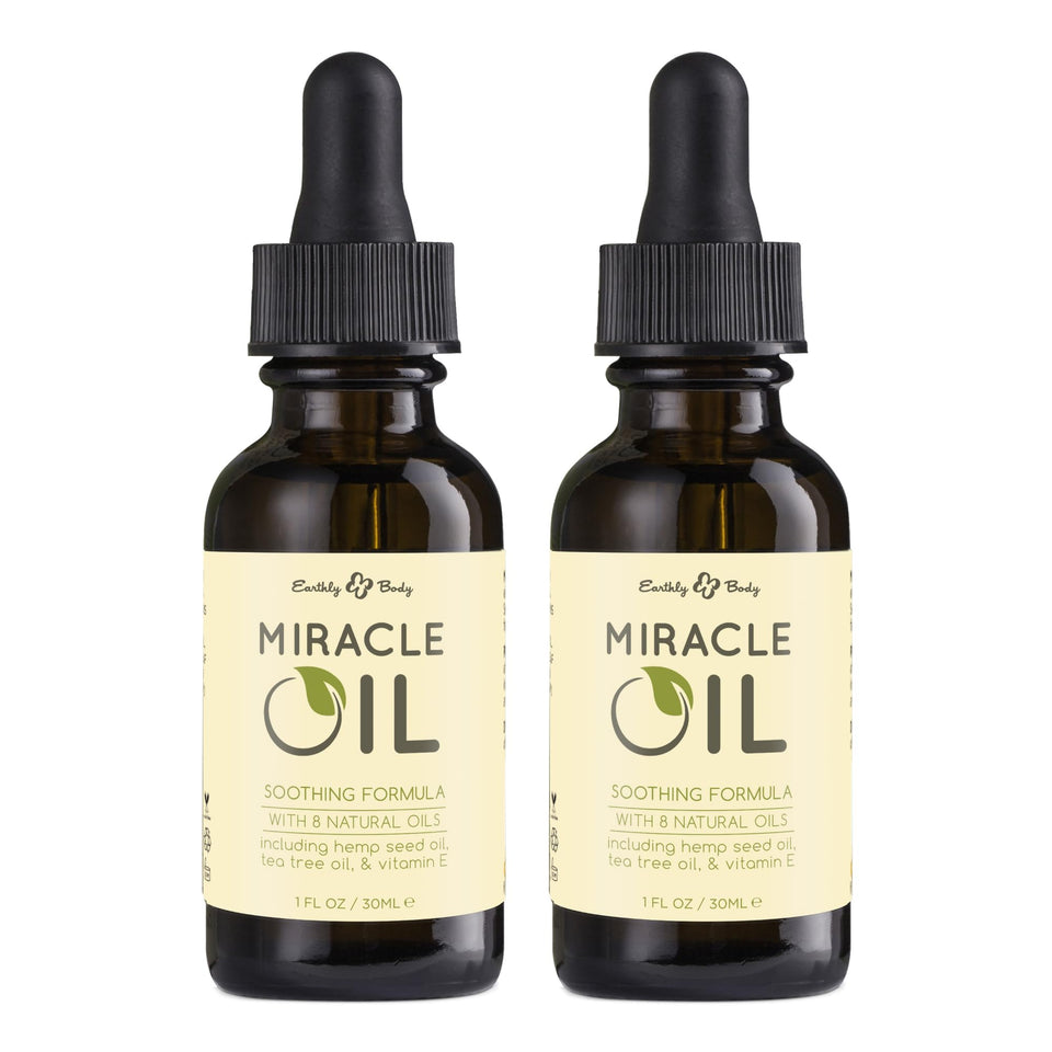 Earthly Body Miracle Oil, 1 fl. oz. - 2 Pack - 100% Natural Tea Tree Oil, Hemp Seed Oil & Vitamin E - Moisturizer, Calms Skin Ir