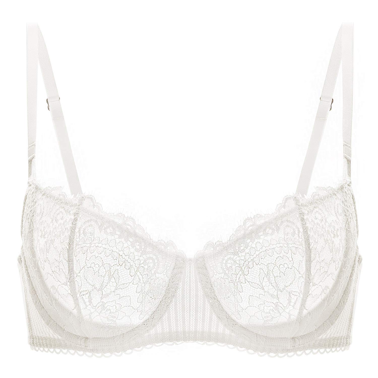 DOBREVA Womens Sexy Lace Push Up Plus Size Bra Sheer Balconette Underwire Unlined Ivory_Eyelash lace 40C