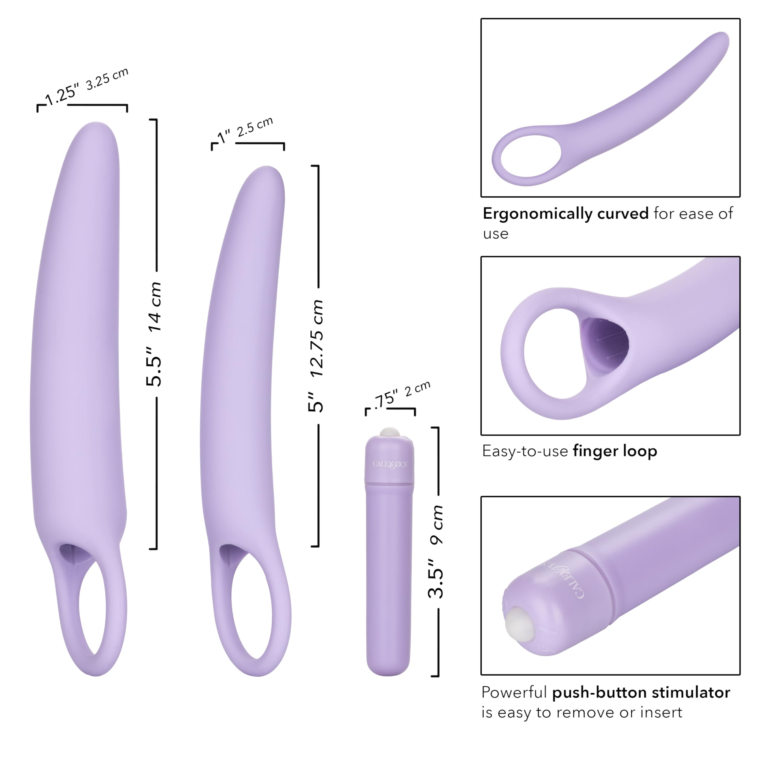 Calexotics Dr Laura Berman Intimate Basics Isabelle - 2 Piece Vibrating Silicone Dilators Set With Ergonomic Finger Loop - Waterproof Fetish Sex Toys For Couples - Purple