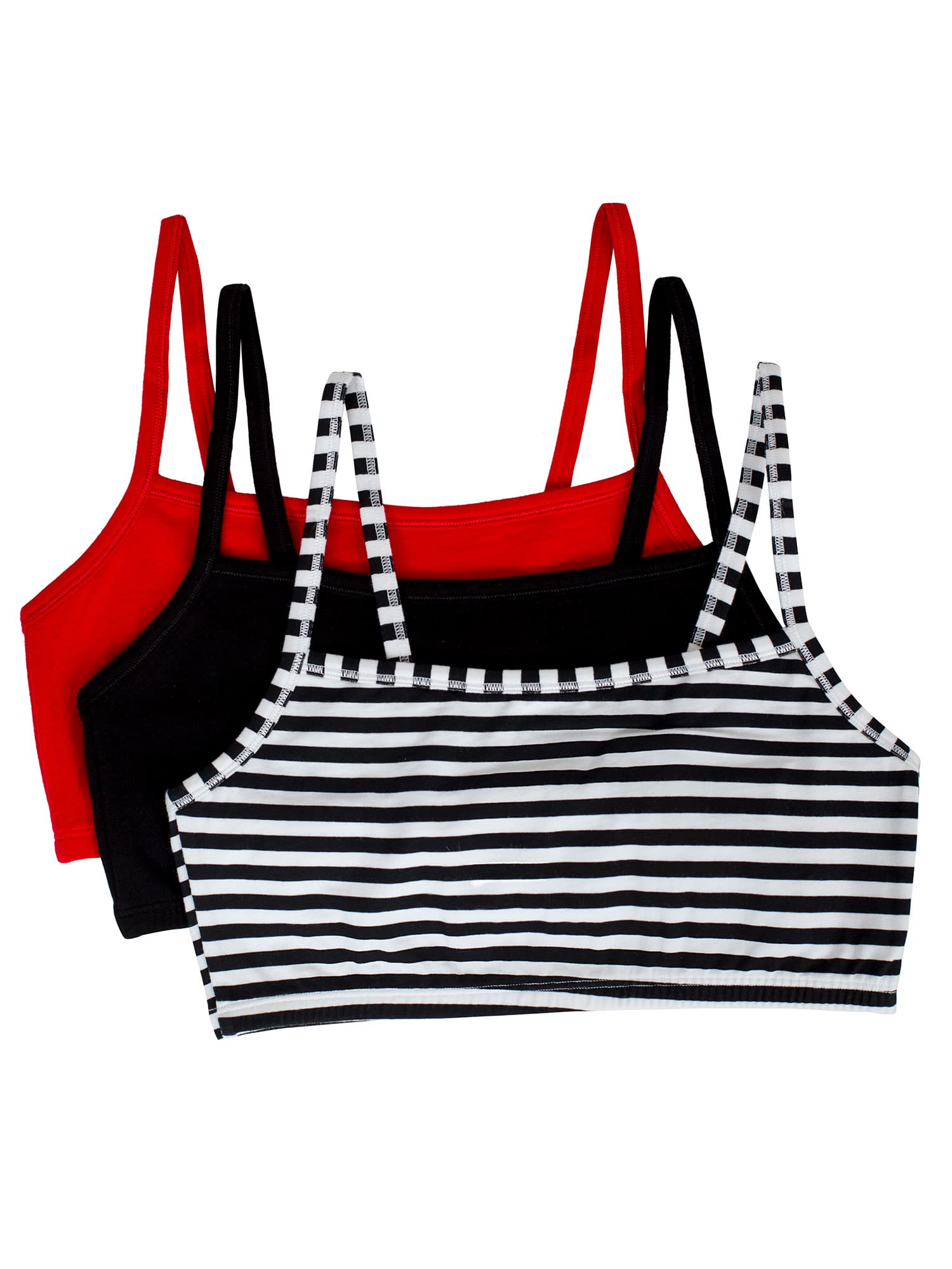 Fruit of The Loom Womens Spaghetti Strap Cotton Pull Over 3 Pack Sports Bra, Skinny Stripe/Black Hue/Red Hot, 40