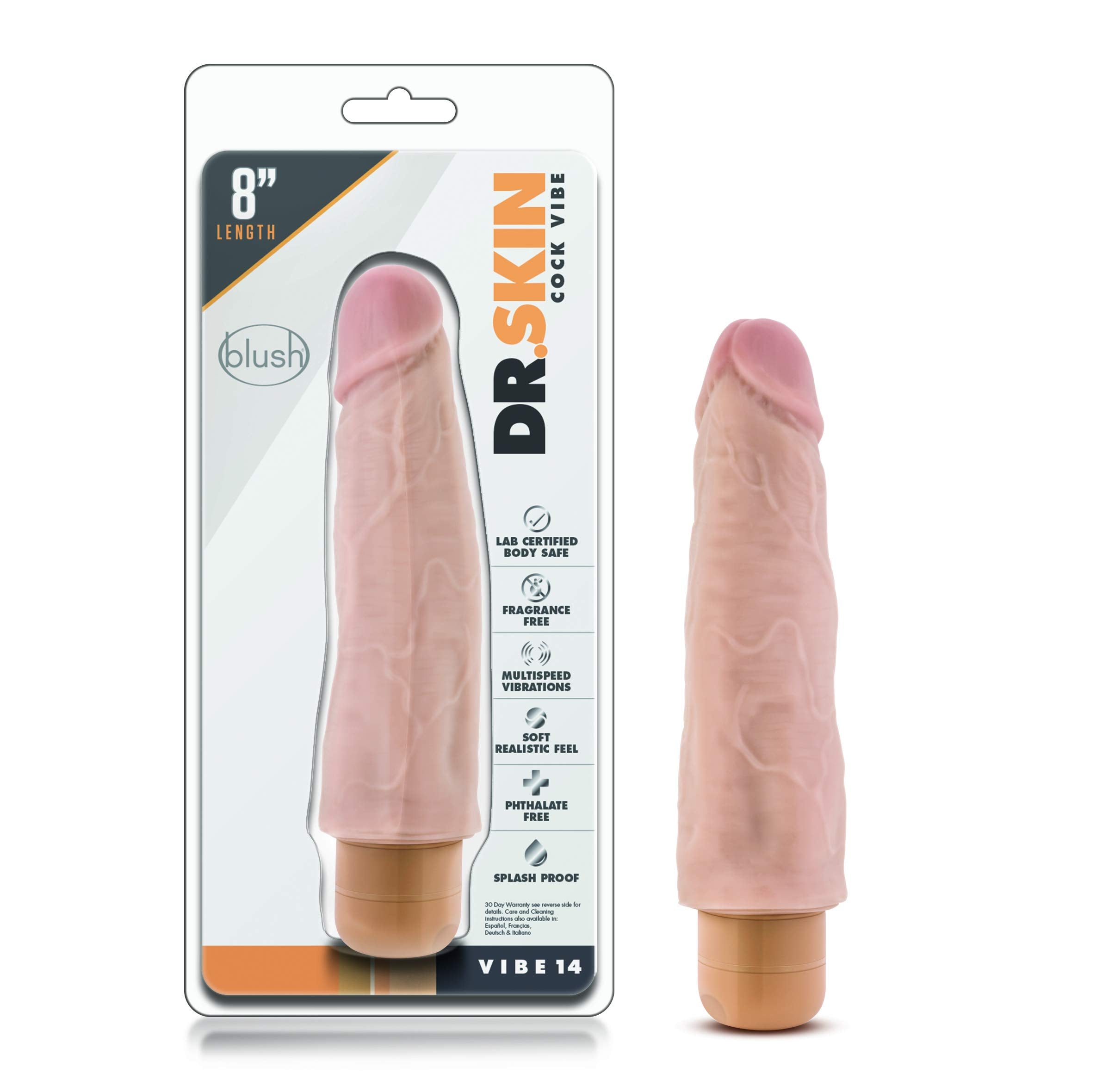 Blush Novelties Dr Skin Vibe 14 - Real Feel Realistic 8 Inch Vibrating Dildo - 2 Inch Thick - IPX7 Waterproof - Safe Materials -