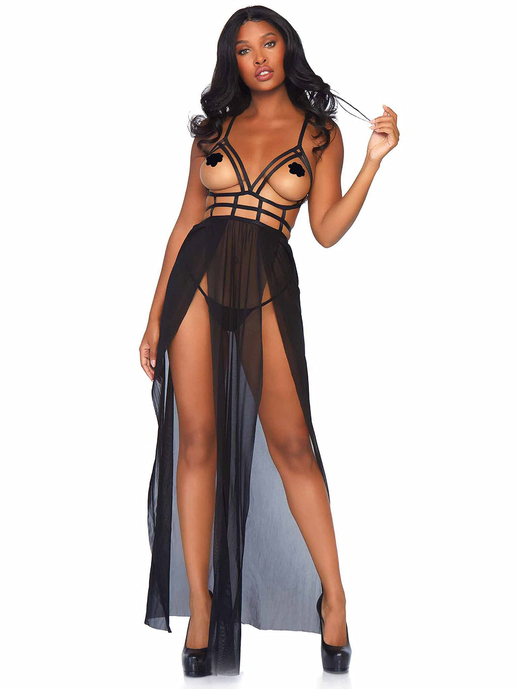 Leg Avenue 2 Pc Cage Strap Open Bodice Ma Black Color