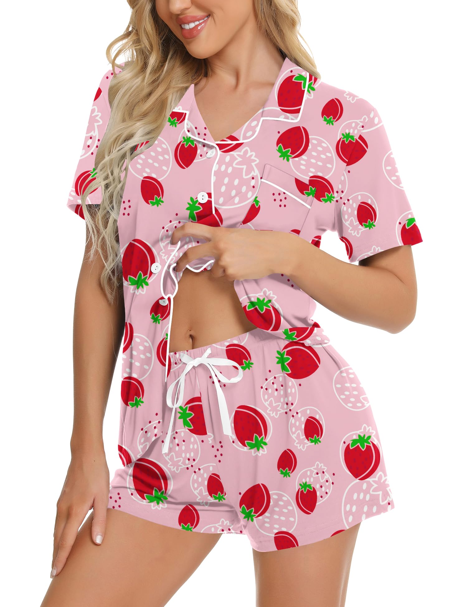 SWOMOG Womens Button Down Pajamas Set Short Sleeve Sleepwear Bride Soft Pj Lounge Sets XS-3XL Pink Strawberry Medium