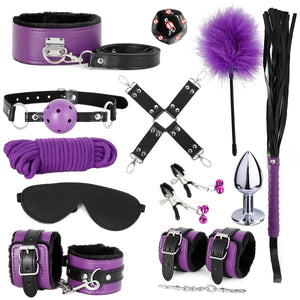 BDSM Bondage Restraint Kits 12PCS Sets Sex Toys Handcuffs Ankle Collar Cuffs Blindfold Feather Tickler Ball Gag Anal Plug SM Gam