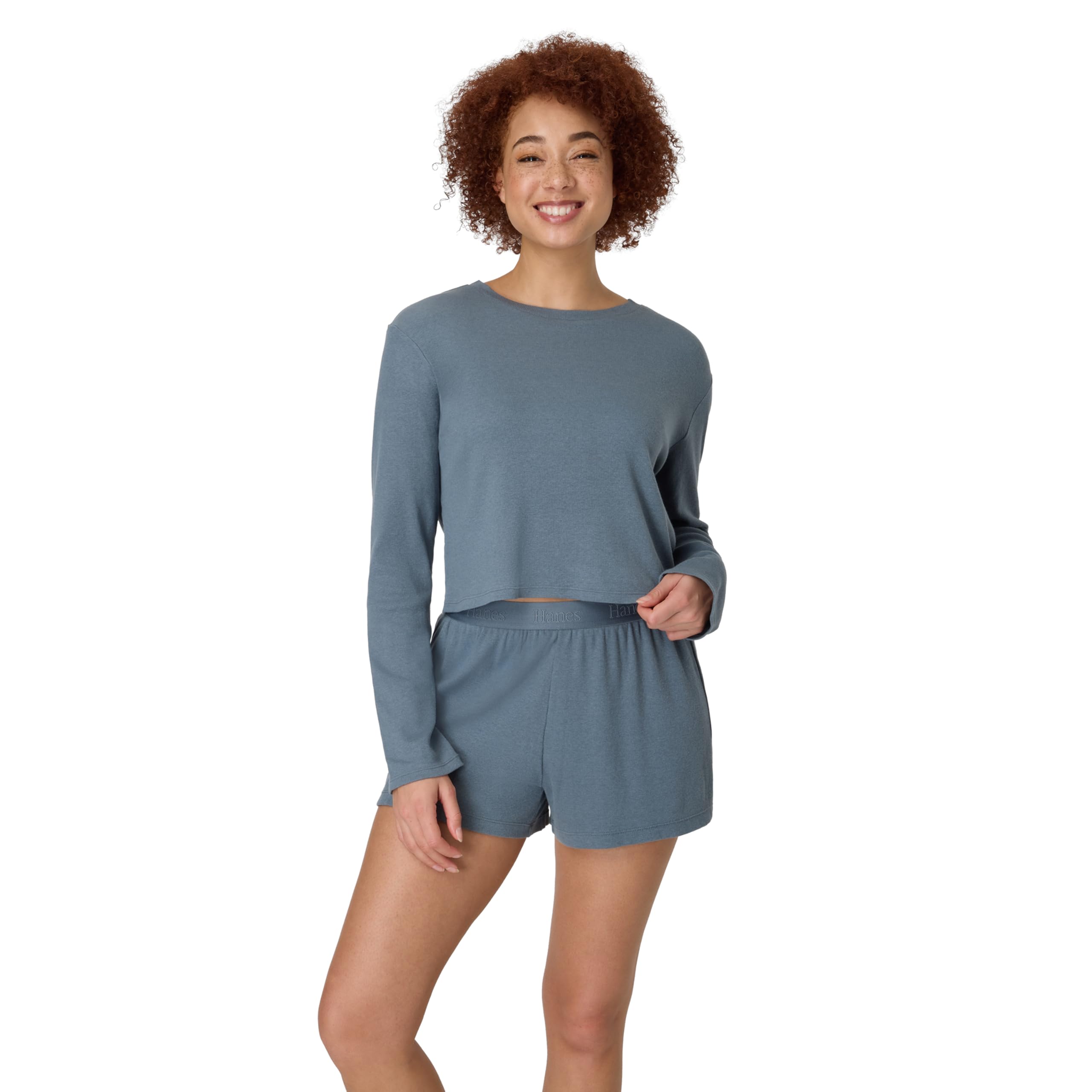 Hanes Womens Sleepwear Set, Originals Supersoft Comfywear Long-Sleeve Top & Sleep Shorts, Loungewear Set for Women