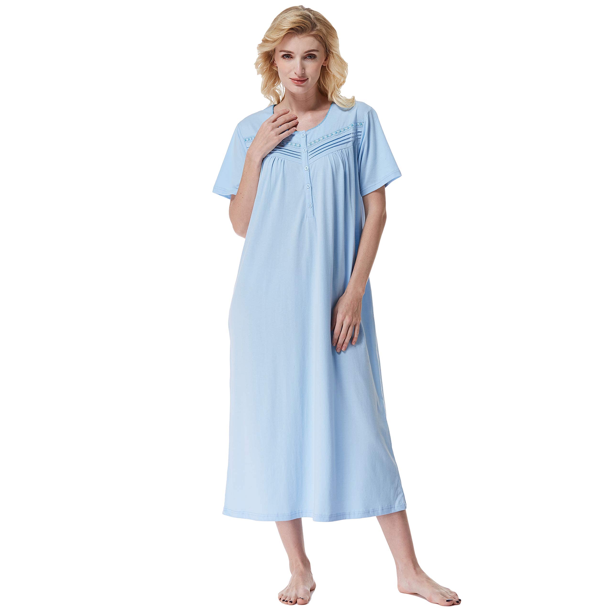 Keyocean Nightgowns for Ladies, Soft Cotton Comfortable Lightweight Short Sleeves Women Nightgown, Blue, Large (L)