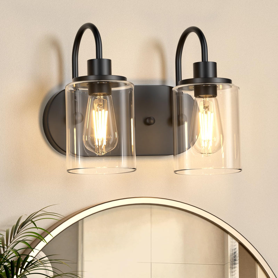 Baocuz 2-Light Black Bathroom Vanity Light, Bathroom Lights Over Mirror, Modern Vanity Lights With Clear Glass Shade, Farmhouse