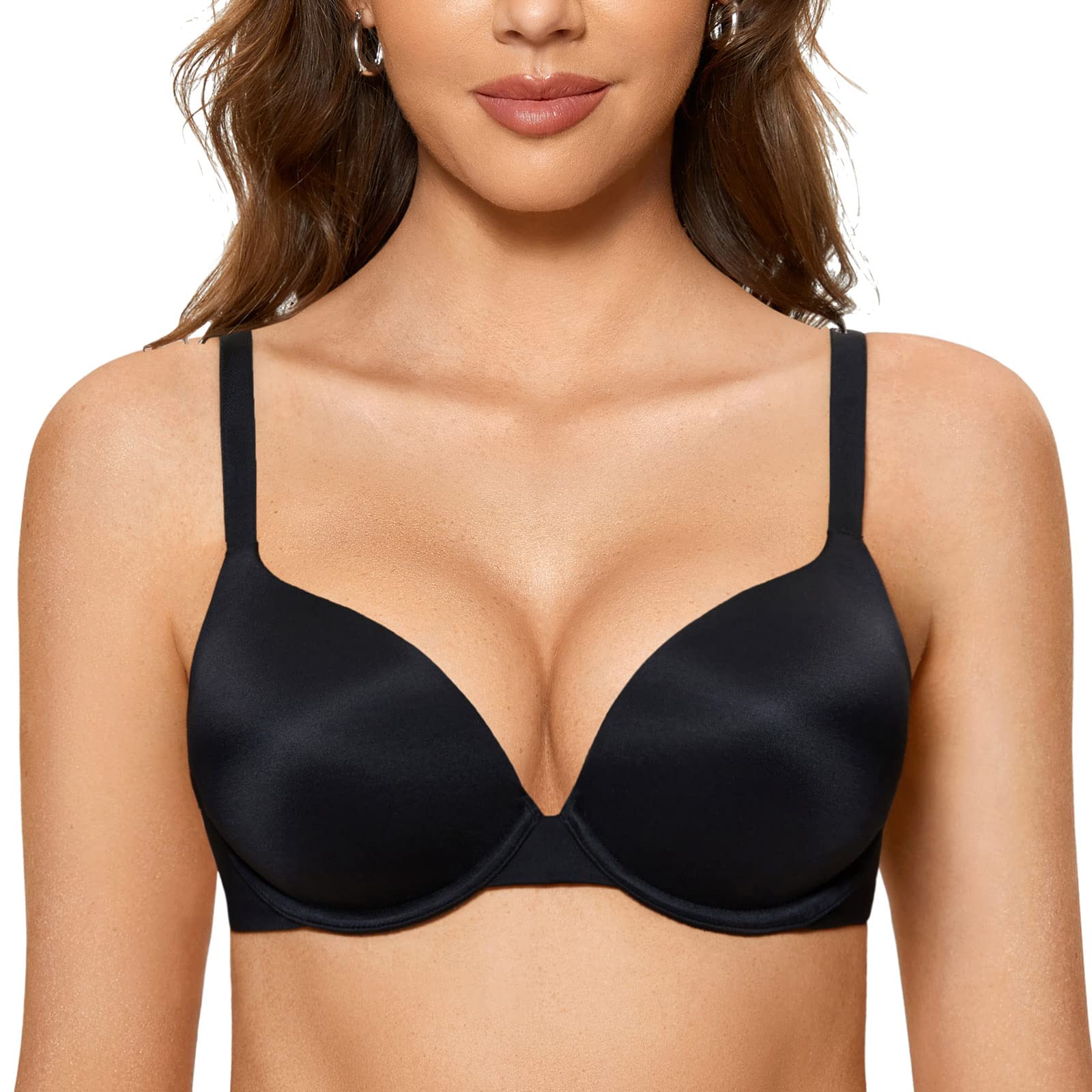 DOBREVA Womens Push Up Bra Plunge Full Coverage T Shirt Bras Comfortable Padded Underwire Black 36C