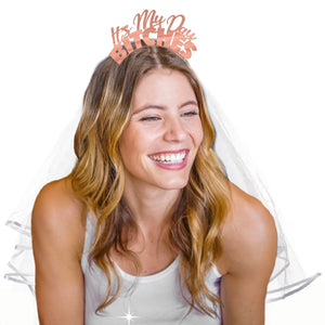 RhinestoneSash Bride Headband and Veil - Set of 2: rose gold It's my day bitches & short white tulle Veil - funny Bachelorette P