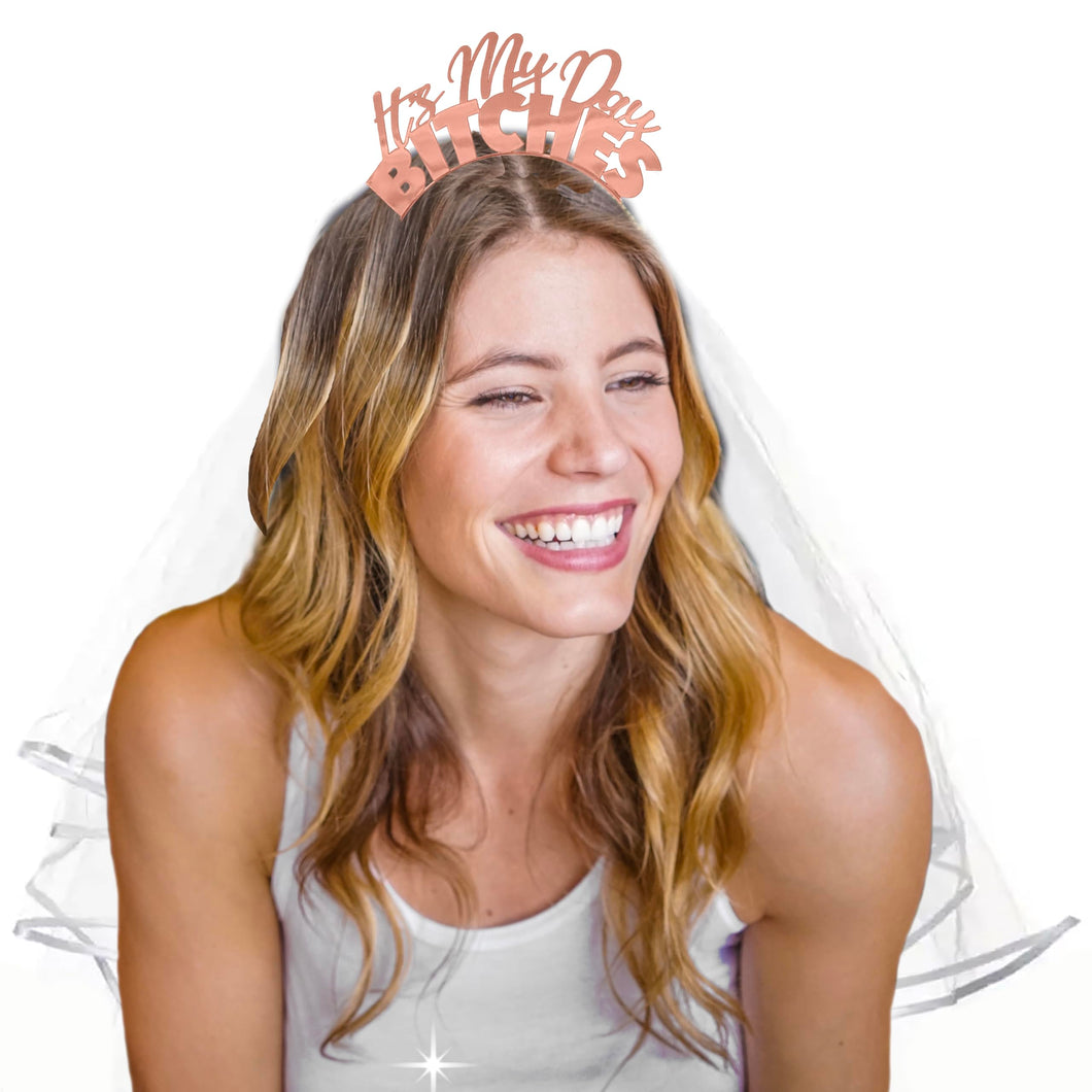 RhinestoneSash Bride Headband and Veil - Set of 2: rose gold It's my day bitches & short white tulle Veil - funny Bachelorette P