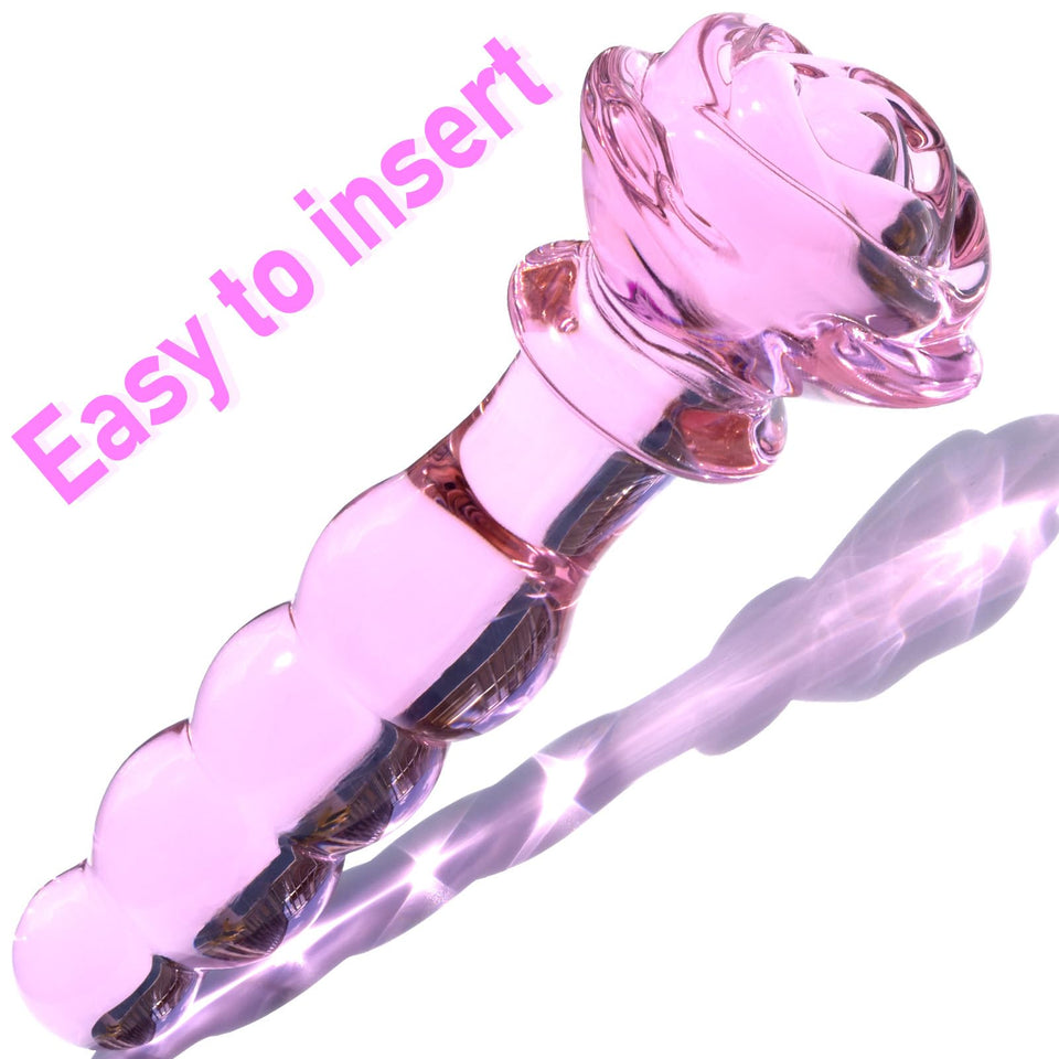 Glass Anal Beads Butt Plug Prostate Massager with Long Neck, Rose Round Base and 4 Gradual Beads Fetish Bum Plug Anal Dilator Ma