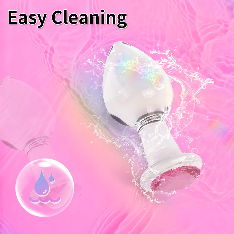 Crystal Glass Anal Plug with Luxury Jewelry Butt Plug Fetish Anus Stimulation Unisex Adult Anal Sex Toy (Pink, L)