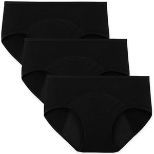 INNERSY Period Underwear for Women Teens Leak-Proof Menstrual Cotton Protective Hipster Panties 3-Pack (Light Flow (Classic Blac