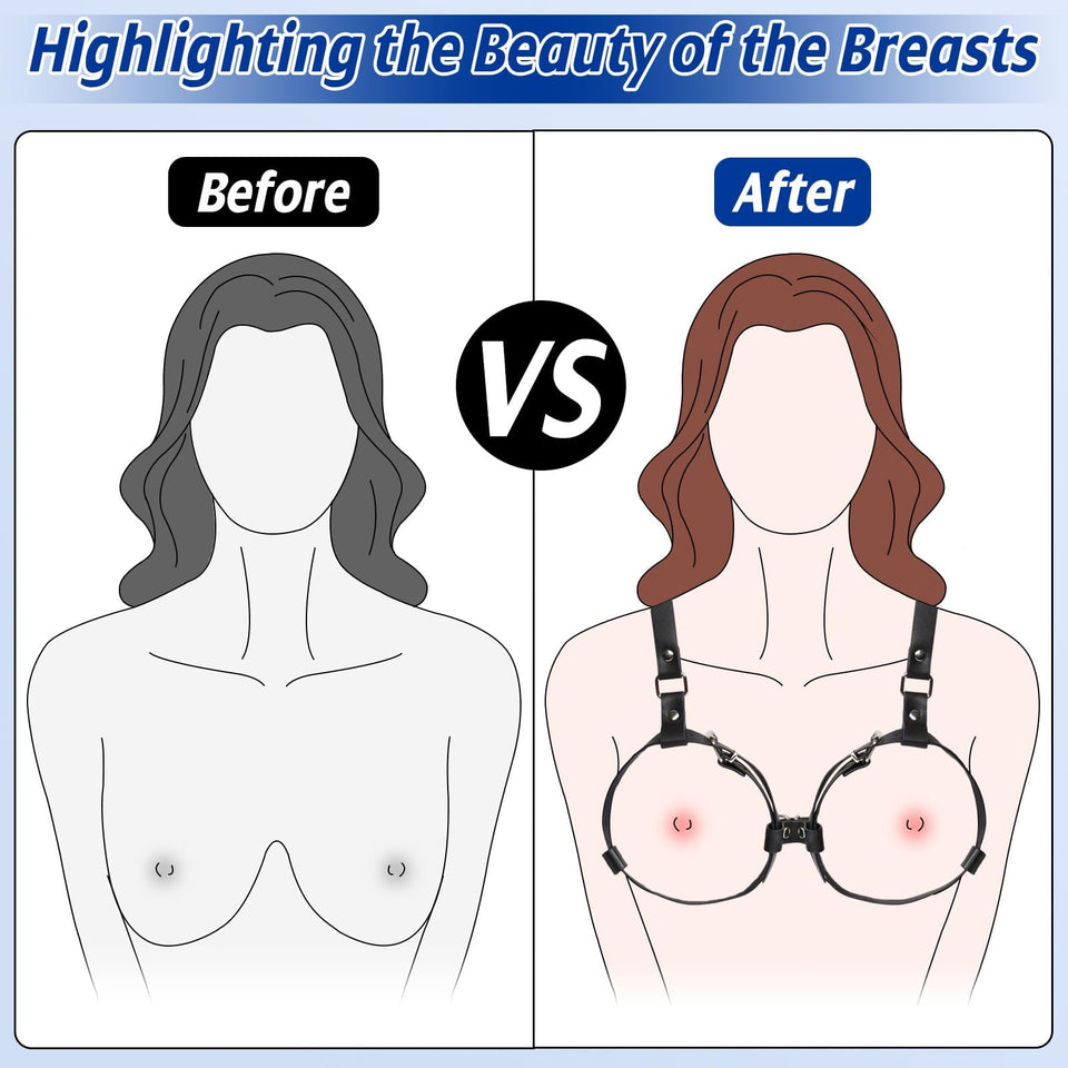 BDSM Breast Sex Bondage Restraints - B to D Cup Boobs Leather Sexy Harness for Women Body, BDSM Kit Chest Restraints Bra Binding