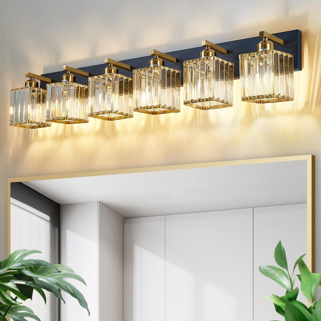 Aixialin Modern Crystal Bathroom Vanity Light - 6-Lights Modern Black Gold Crystal Wall Light Fixtures