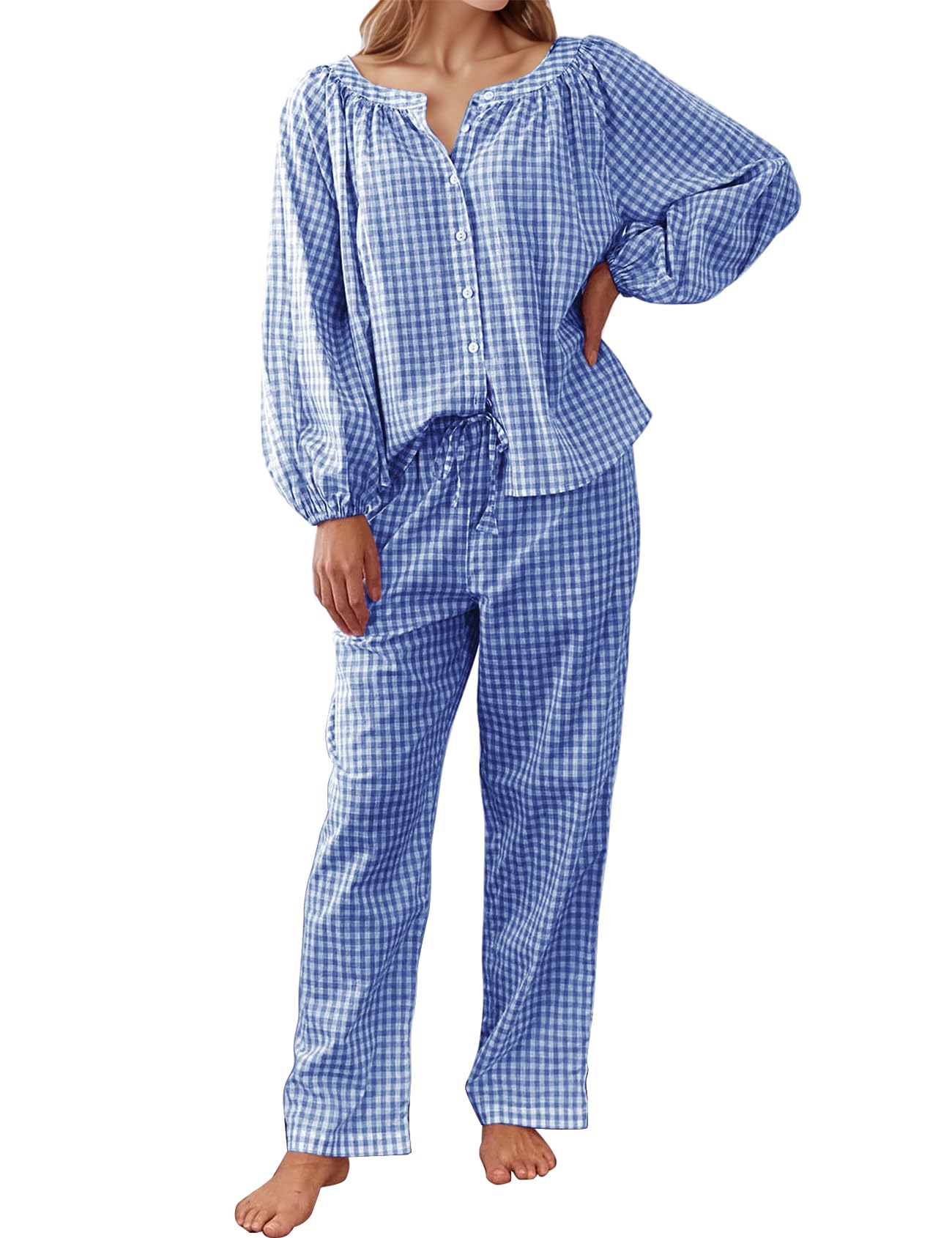 Flygo Womens Gingham Pajama Set 2 Piece Cotton Plaid Raglan Sleeve Button Top Straight Leg Pants Pjs Y2K Lounge Set Sleepwear(Na