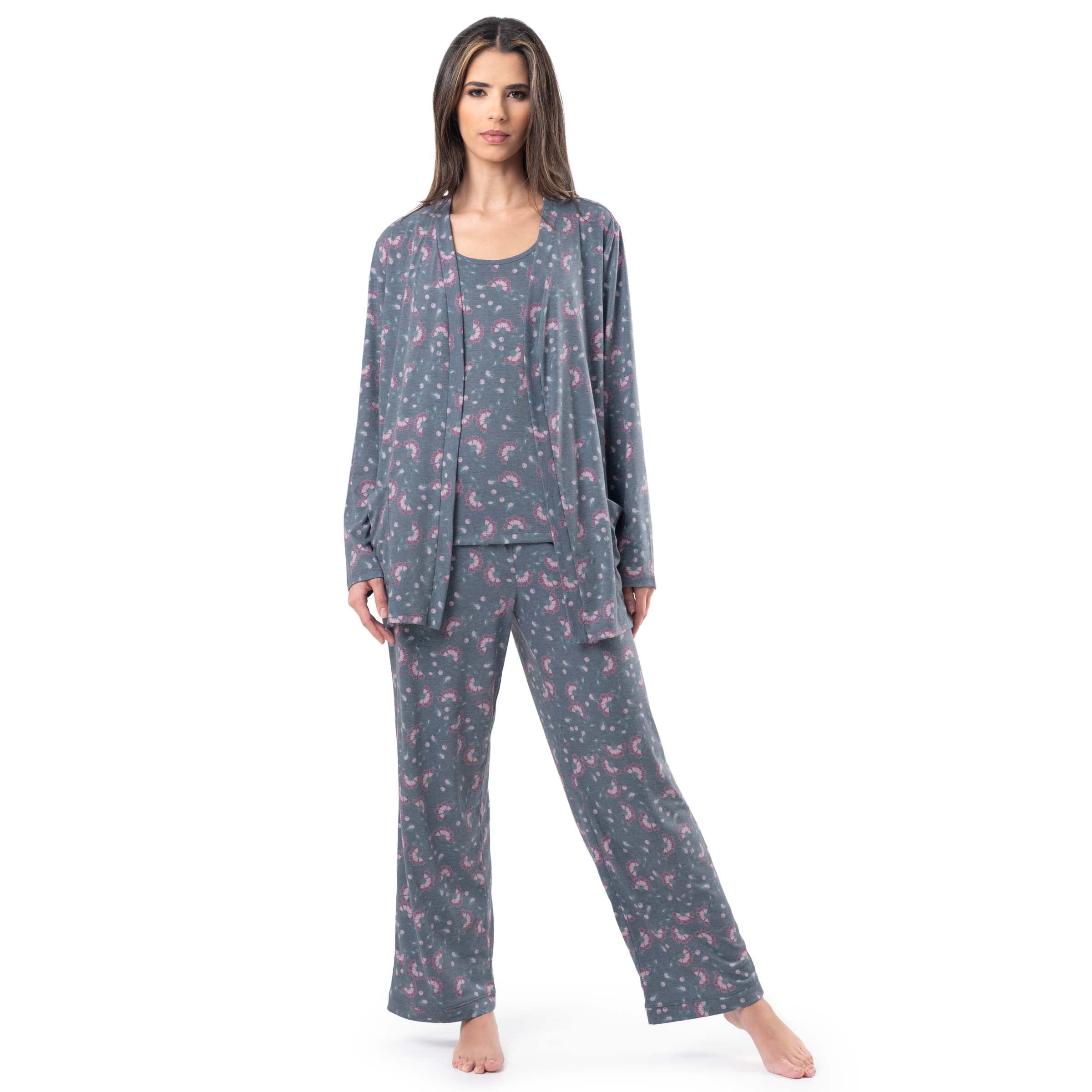 Fruit of the Loom Womens Breathable Tank Top, Pant, and Cardigan Sleep Set, Floral Print, Large