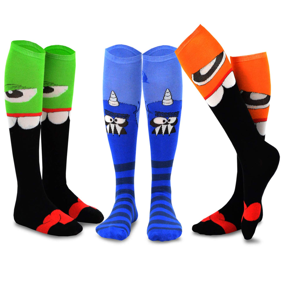 TeeHee Novelty Cotton Knee High Fun Socks for Women and Junior 3-Pair Halloween (Monster-C)
