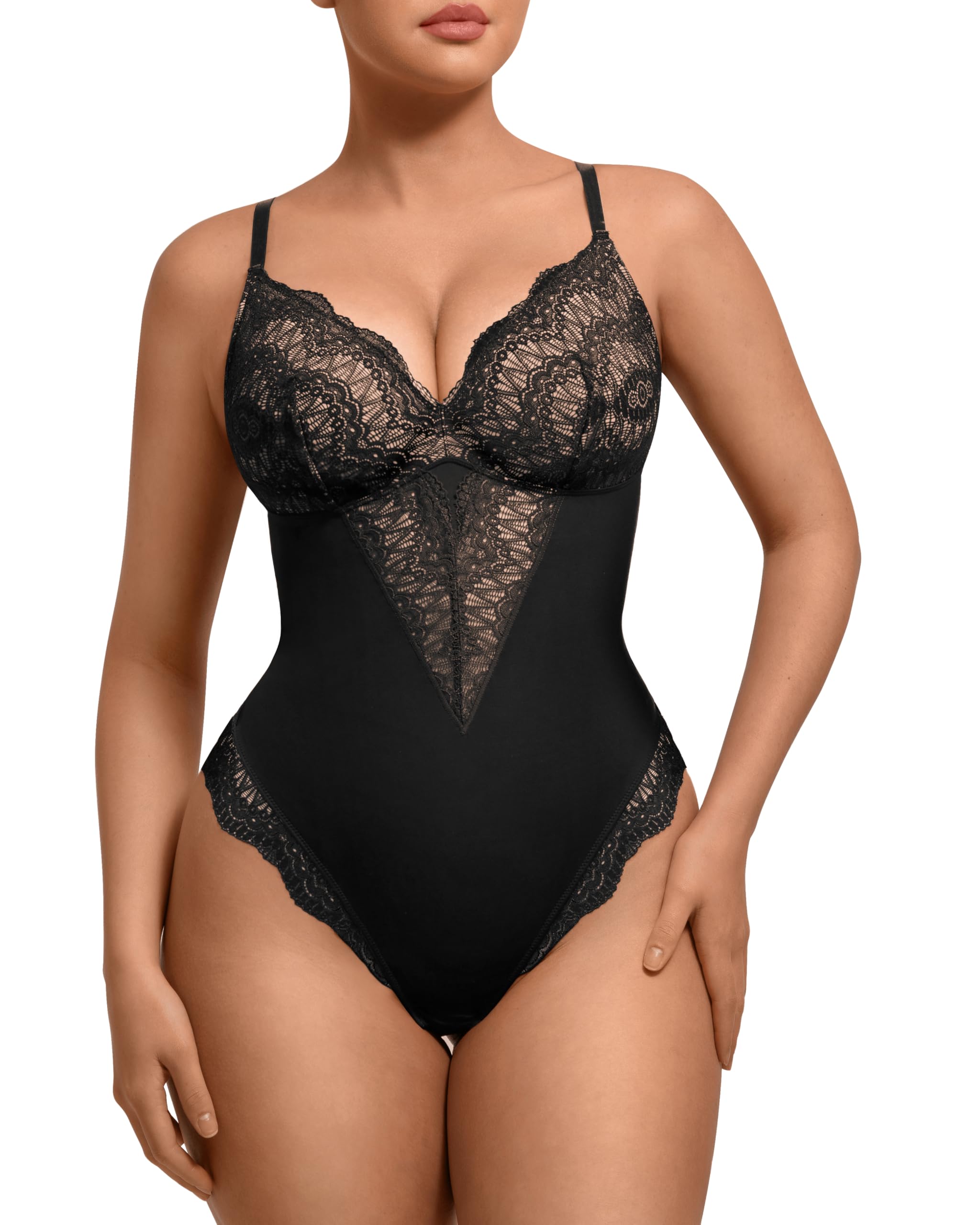 FeelinGirl Womens Body Suits Shapewear Tummy Control Backless Thong Body Shaper V Neck Compression Lace Bodysuit Tops Black