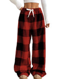 Wyeysyt Women Fuzzy Pajama Pants Elastic Waist Wide Leg Leopard Pant Pj Bottoms Lounge Fluffy Pants(RedPlaid-M)