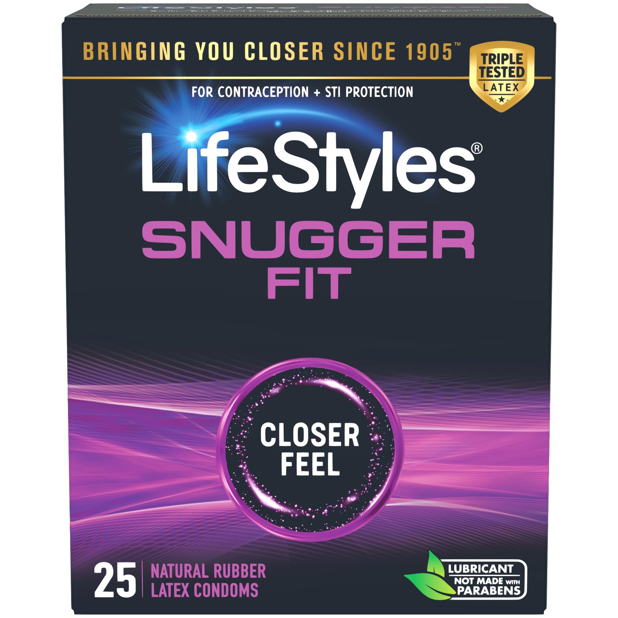 Lifestyles Snugger Fit Natural Rubber and Lubricated Latex Condoms Value Pack, 25 Count, 1 Pack, Triple Tested for Best Protecti