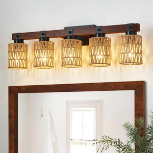 Aixialin 5-Light Farmhouse Bathroom Vanity Light Fixtures, Rustic Style Farmhouse Wood Bathroom Wall Sconce, Handmade Bamboo Wov