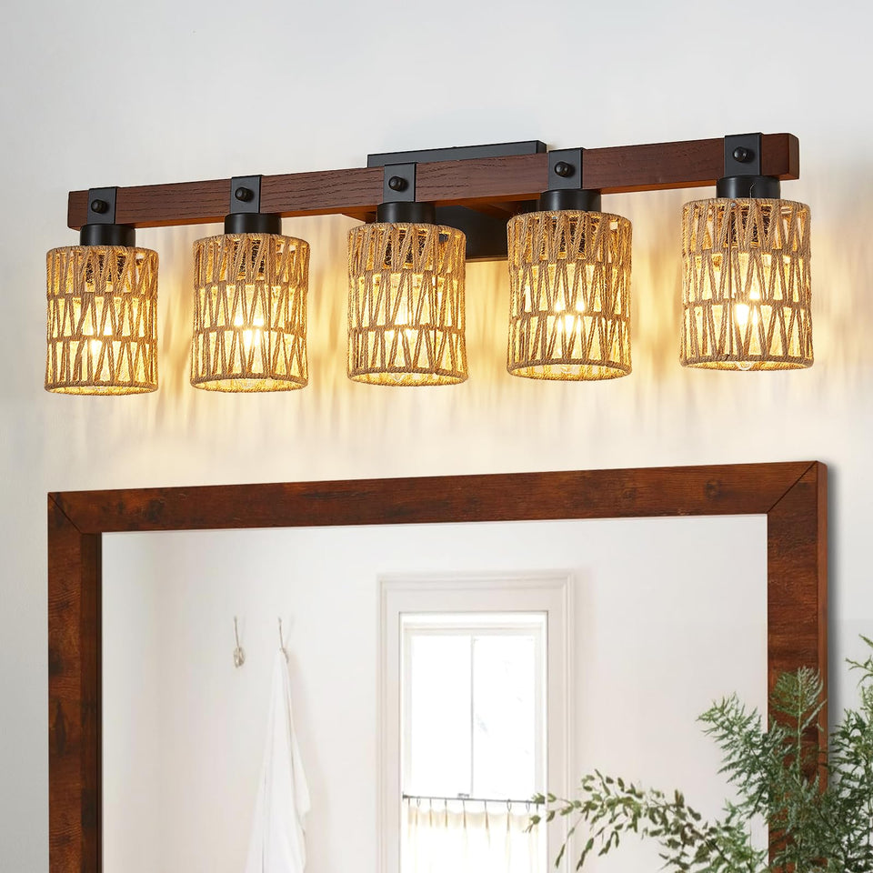 Aixialin 5-Light Farmhouse Bathroom Vanity Light Fixtures, Rustic Style Farmhouse Wood Bathroom Wall Sconce, Handmade Bamboo Wov