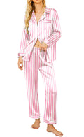 Ekouaer Women Valentines Pajama Sets Silk Satin Long Sleeve Pjs Fall Button Down 2 Piece Sleepwear Loungewear Pink Striped,L