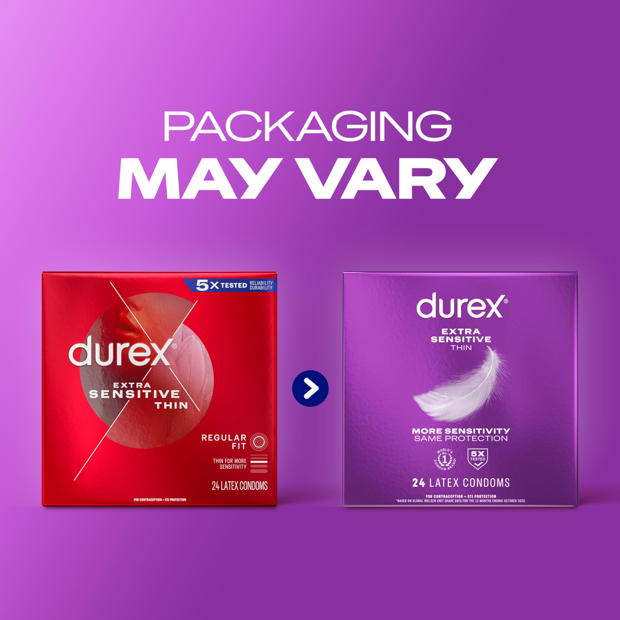Durex Condom Extra Sensitive Natural Latex Condoms, 24 Count - Ultra Fine & Extra Lubricated, Regular Fit, FSA HSA Eligible