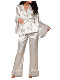 Verdusa Womens Silk Pajamas Set 2 Piece Lace Satin Pjs Ruffle Long Sleeve Belted Top and Pants White Medium