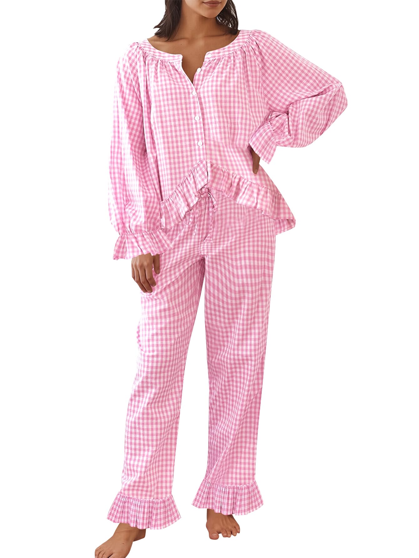 Womens Gingham Pajama Set 2 Piece Plaid Button Down Long Sleeve Shirt and Pants Pjs Lounge Set Outfits(Pink-L)
