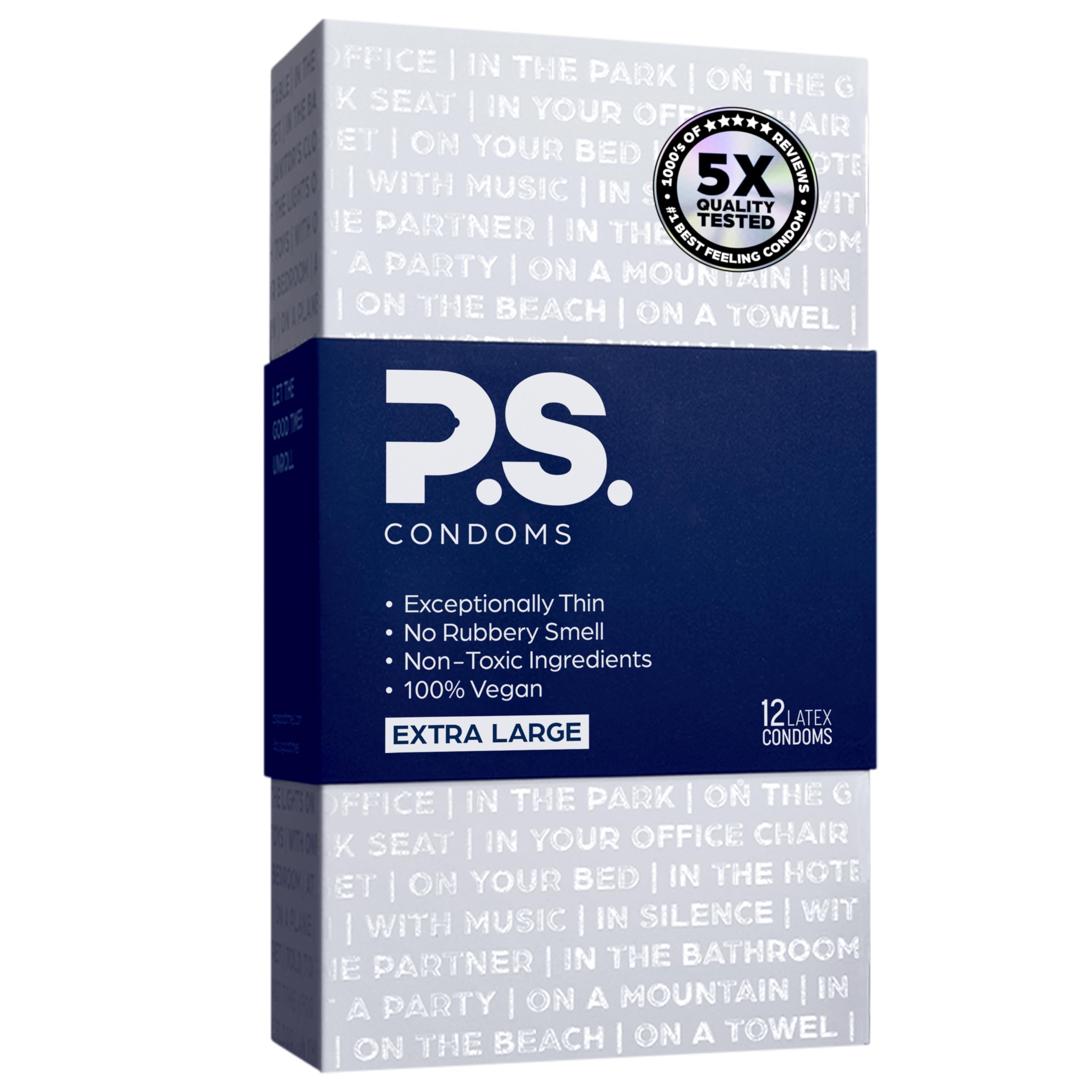 PS Condoms Extra Large Latex Condoms for Men - Odorless and 100% Vegan - Exceptionally Thin, Lubricated, and Clear Condoms - XL