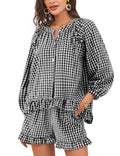 Flygo Women Gingham 2 Piece Pajama Sets Y2K Plaid Ruffle Short Sets Raglan Sleeve Shirt Lounge Shorts Sleepwear with Pockets(Bla