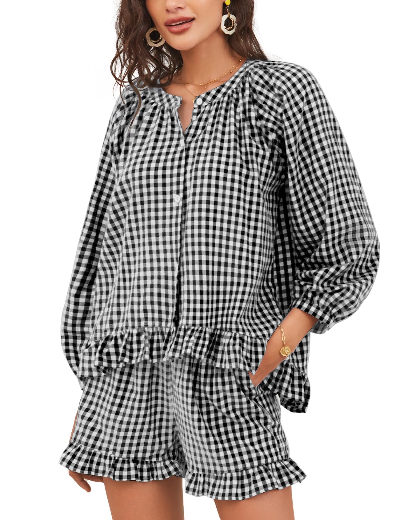 Flygo Women Gingham 2 Piece Pajama Sets Y2K Plaid Ruffle Short Sets Raglan Sleeve Shirt Lounge Shorts Sleepwear with Pockets(Bla