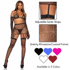 5 Pc Rhinestone Fishnet Garter - O/S / Black