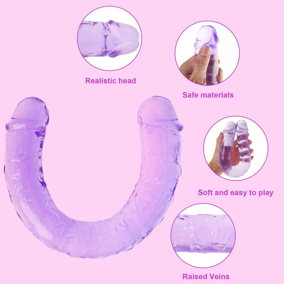 18.1 * 1.7 Inches Double Dildo Crystal Jelly Realistic Anal Long Dildo Penis Soft and Flexible with Veins and Glans Adult Sex To
