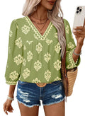 SHEWIN Womens Summer Tops 2026 Mid Length Sleeve Shirts V Neck Floral Blouse Flowy Spring Tops for Women Blouses Green Medium