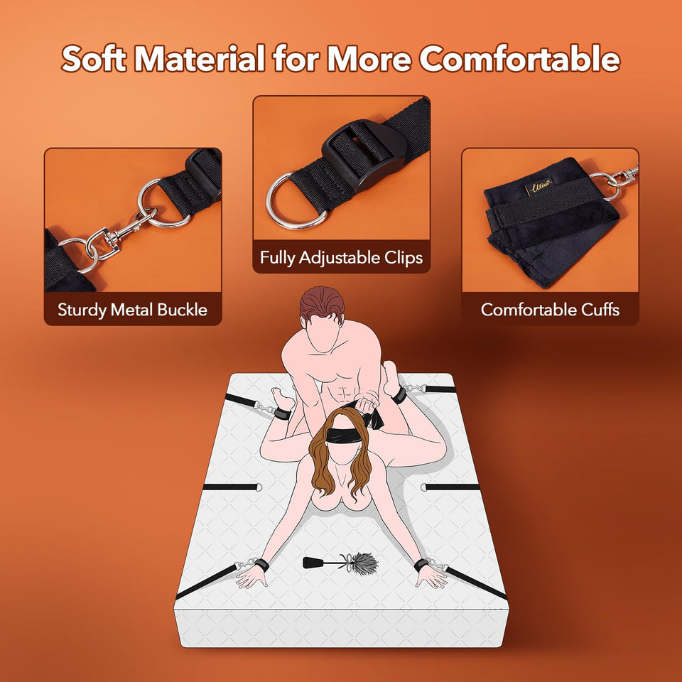 Bed Sex Bondage Kit Restraints - UTIMI Under Mattress Bed Bondage BDSM Sets with Wrist Ankle Cuffs and Tickler Blindfold Adult S
